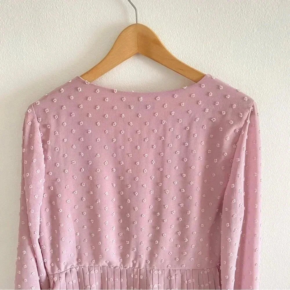 Lulus Poetic Love Mauve Swiss Dot Long Sleeve‎ Pleated Mini Dress - Picture 10 of 13